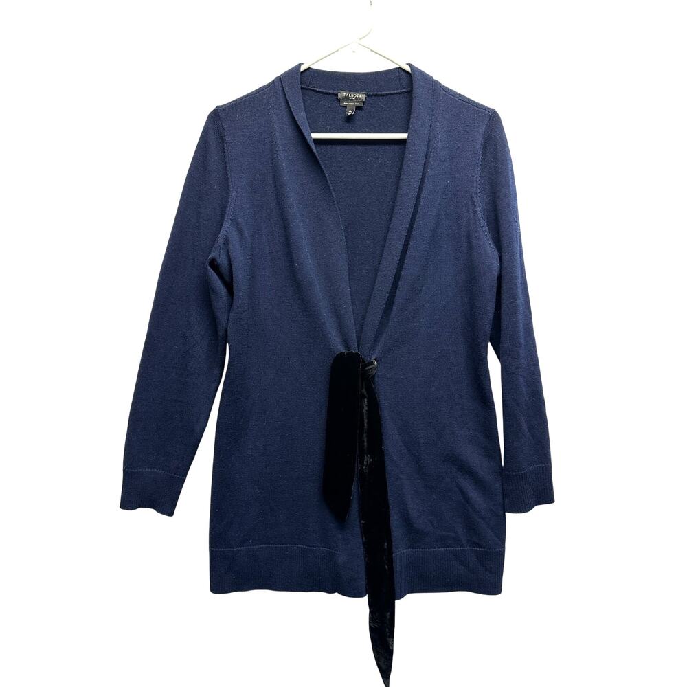 Talbots‎ Petite Navy Blue 100% Merino Wool Cardigan Velvet Tie Sweater Mp